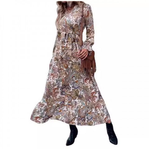 Printed Stand Collar Ruffle-Trimmed Long-Sleeve Dress