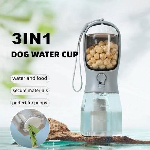 3-in-1 Portable Dog Water Bottle - Drinking Cup with Food & Waste Bag Dispenser