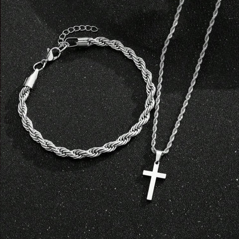 Two-piece Cuban-hair Twist Chain Cross Pendant Bracelet