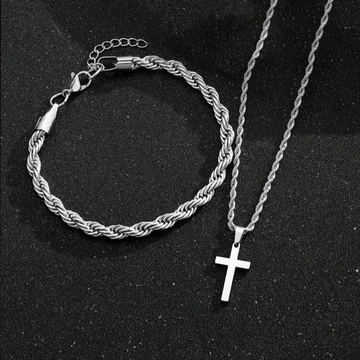Two-piece Cuban-hair Twist Chain Cross Pendant Bracelet