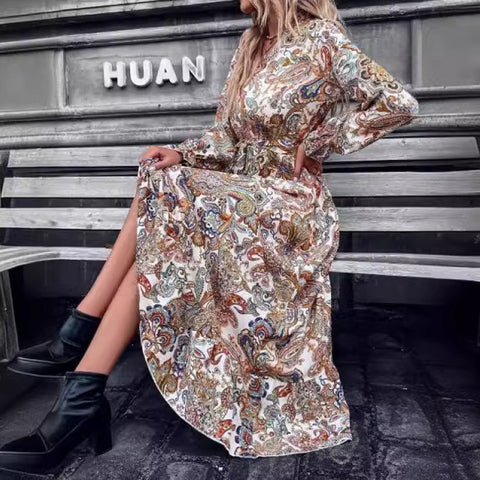 Printed Stand Collar Ruffle-Trimmed Long-Sleeve Dress