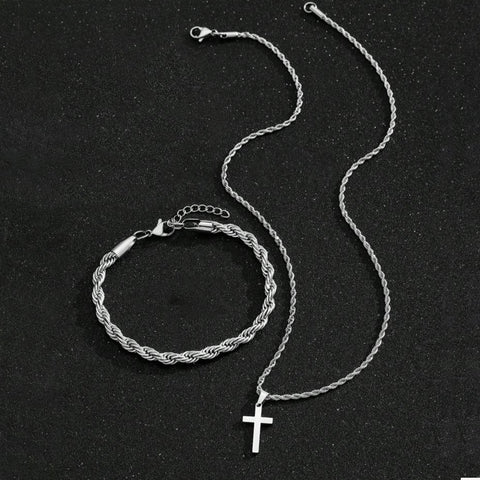 Two-piece Cuban-hair Twist Chain Cross Pendant Bracelet