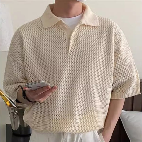 Men's Summer Loose-Fit Lapel Short-Sleeve Hollow-Out Half-Sleeve