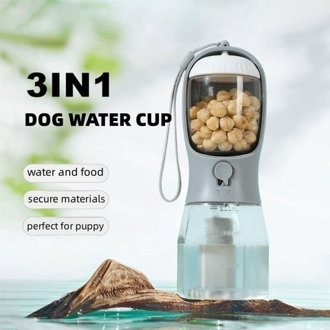 3-in-1 Portable Dog Water Bottle - Drinking Cup with Food & Waste Bag Dispenser